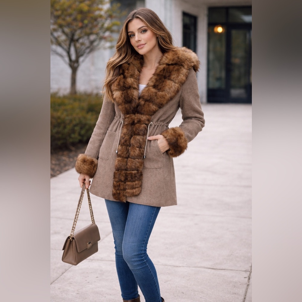 Elegant Brown Fur-Trimmed Women's Coat